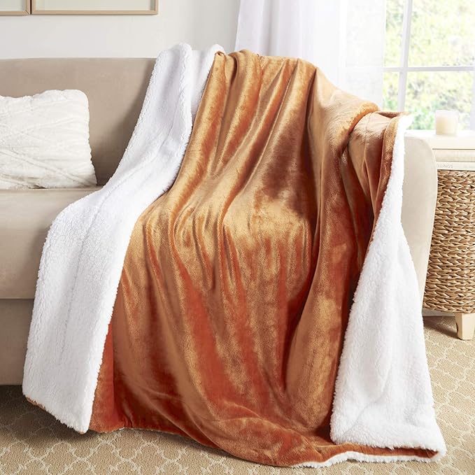 Genteele Sherpa Throw Blanket Super Soft Reversible Ultra Luxurious Plush Blanket, 50 x 60 inches, Burnt Orange/White