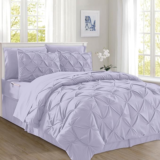 Elegant Comfort 8-Piece Pinch Pleated Comforter Set - All Season Complete Bed in a Bag, Includes 4pc Smart Sheet Set, Bed Skirt, Comforter, Matching Pillowcases and Shams, Full/Queen, Lavender