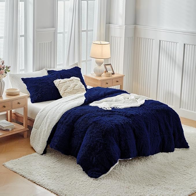 UOZZI BEDDING Navy Faux Fur Comforter Set Twin 3 Pieces - 1 Shaggy Comforter with 2 Pillowcases - Ultra Soft and Easy Care Luxury Plush Warm Winter Fluffy Fleece Duvet Set