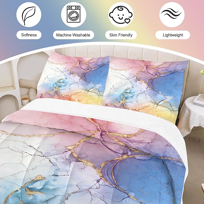 Watercolor Marble Comforter Set Queen Size for Kids Girls Women Pastel Marbled Bedding Set Pink Blue Yellow Gold Bed Set Colorful Abstract Marbling Quilt Set with 1 Comforter + 2 Pillowcases