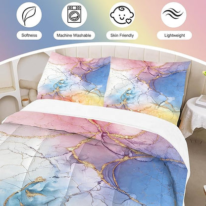 Watercolor Marble Comforter Set Queen Size for Kids Girls Women Pastel Marbled Bedding Set Pink Blue Yellow Gold Bed Set Colorful Abstract Marbling Quilt Set with 1 Comforter + 2 Pillowcases