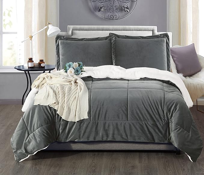 Elegant Comfort Super Soft Sherpa Comforter 2-Piece Set Premium Quality, Heavy Weight Reversible Down Alternative Micro-Suede, Sherpa Comforter, Twin XL, Silver Gray