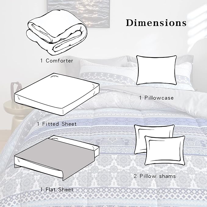 Flysheep Bohemian Striped Bed in a Bag 6 Pieces Twin Size, Boho Blue Grey Geometric Pattern Reversible Bed Comforter Set (1 Comforter, 1 Flat Sheet, 1 Fitted Sheet, 2 Pillow Shams, 1 Pillowcase)