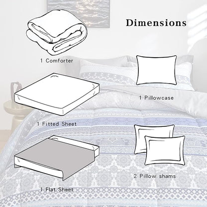 Flysheep Bohemian Striped Bed in a Bag 6 Pieces Twin Size, Boho Blue Grey Geometric Pattern Reversible Bed Comforter Set (1 Comforter, 1 Flat Sheet, 1 Fitted Sheet, 2 Pillow Shams, 1 Pillowcase)