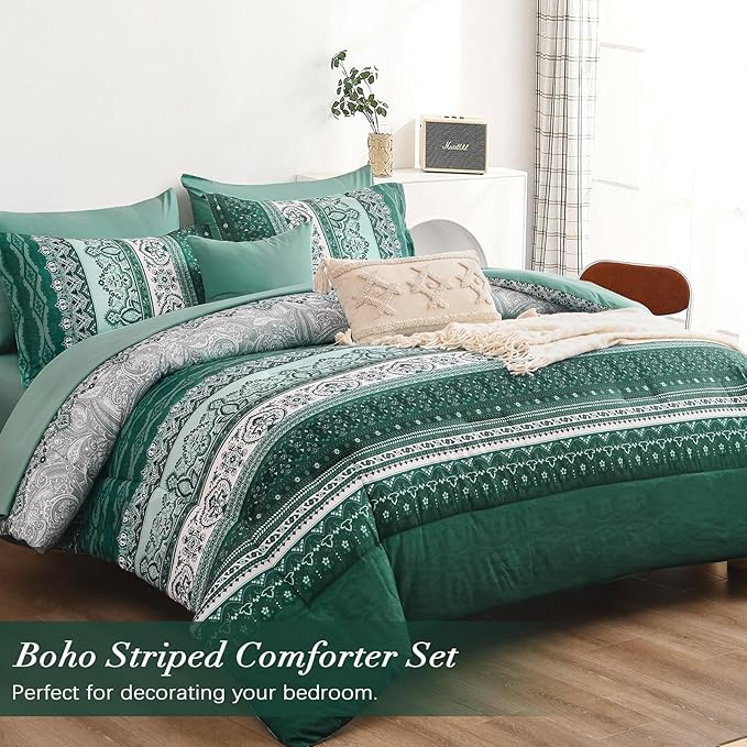 Cottolester Boho Comforter Set Queen Size,8 Pieces Teal Green Bohemian Striped Bed in a Bag,Paisley Soft Microfiber Bedding Comforter Set