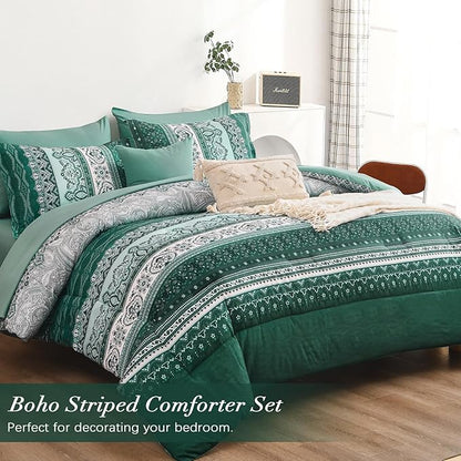 Cottolester Boho Comforter Set Queen Size,8 Pieces Teal Green Bohemian Striped Bed in a Bag,Paisley Soft Microfiber Bedding Comforter Set