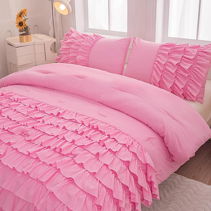 MWMWMW Full Size Comforter Set for Girls Kids, 3Pcs Pink Comforter Set Full, Blush Pink Princess Bedding, Vintage Soft Boho Chic Bedding for All Season