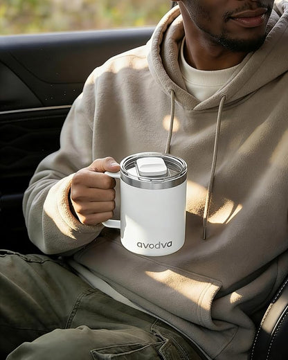 12oz Insulated Coffee Mug with Lid – Includes Two Lids, Stainless Steel Coffee Travel Mug with Handle, Double Wall Vacuum Insulated Camping Mug for Home, Office & Outdoor, White