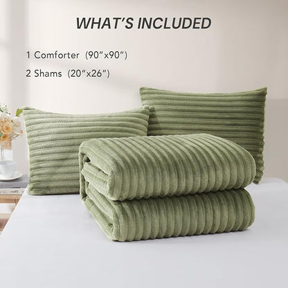 Geniospin Fleece Queen Comforter Set, Soft Fuzzy Queen Bedding Sets, 3-Pieces Green Comforter Set for All Season, Warm Fluffy Comforter with 2 Pillow Cases
