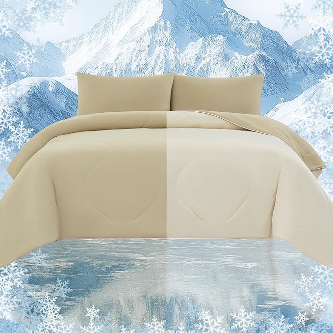 Cooling Comforter Set Twin- Beige Reversible Cooling Comforter Set with Sheets - Soft Breath Comforter 3pcs Set (Comforter+Fitted Sheets+Pillowcase)