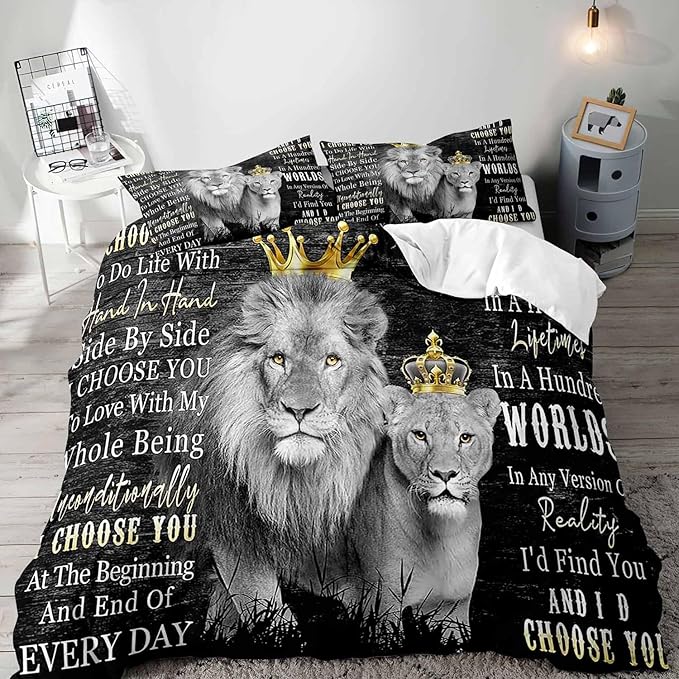 VIVIHOME 3PCS Lion King & Lion Queen Bedding, Duvet Cover Full, Black Bedding, African Safari Wild Animal Comforter Bedspread Quilt Cover, Bedroom Decor for Couples Gifts, I Choose You, 2 Pillowcases