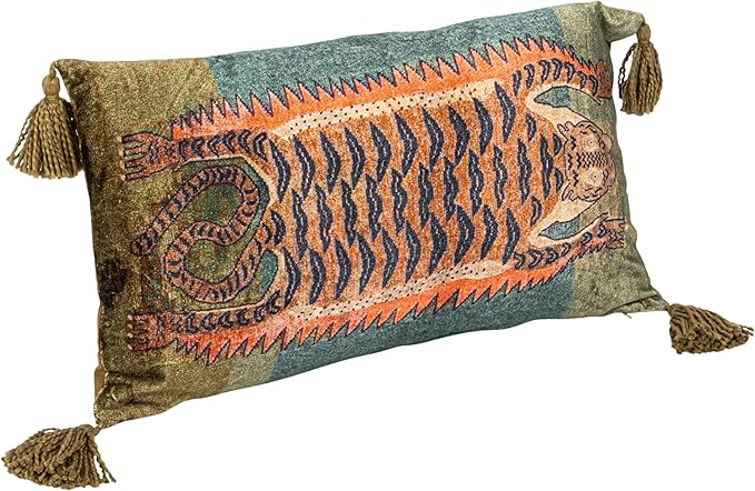 Creative Co-Op Cotton Velvet Blend Tiger Lumbar Pillow with Tassels, Multicolor