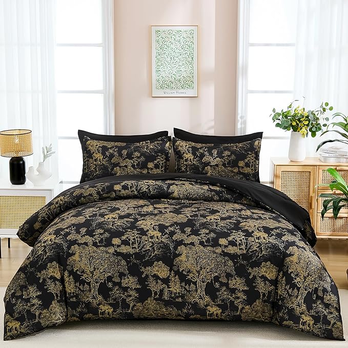 DJY Black Comforter Set King, 7 Pieces Black and Gold Botanical Comforters King Size Bed in a Bag Elegant Plants Print with Sheets Soft Microfiber Complete Bedding Sets for All Season