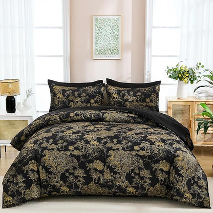 DJY Black Comforter Set King, 7 Pieces Black and Gold Botanical Comforters King Size Bed in a Bag Elegant Plants Print with Sheets Soft Microfiber Complete Bedding Sets for All Season
