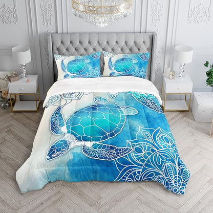 HOSIMA Sea Turtle Comforter Set,Coastal Beach Themed Bedroom Comforter Set Queen Size for Kids Teen Girls Boys Room Decor,Turtle Twin Bed in a Bag for Girls with 2 Pillowcases.