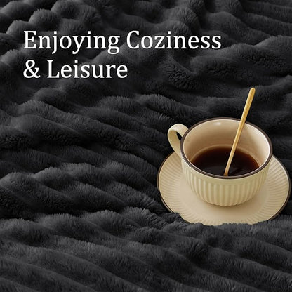 BEDELITE Full Size Blanket for Bed, 300GSM Soft & Warm Fleece Black Blanket, Decorative and Giftable Striped Blankets for Women, Men, 84"x90"