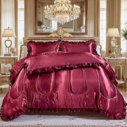 Silk Like King Comforter Satin Bedding 4 Pcs Hotel Soft Polyester Burgundy Bed Set Luxury Silky Body Pillow Cover Ruffle Home Decor