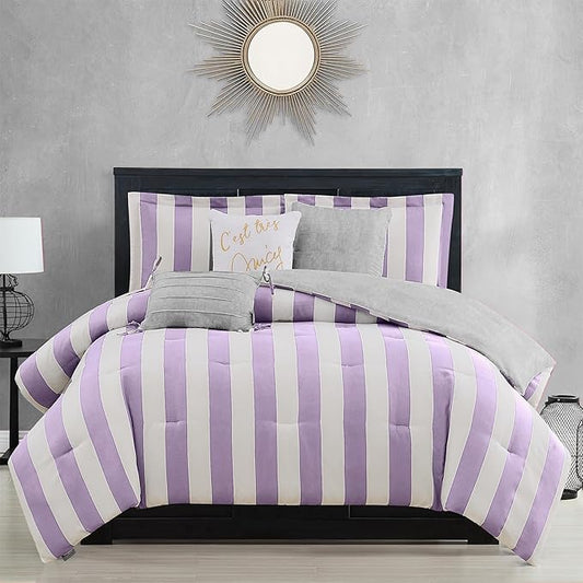 Juicy Couture Cabana Stripe Reversible Bedding Set - Twin/Twin XL Size - Lavender/White Stripe Print - 5 Piece Set - Includes 1 66" x 90" Comforter, 3 Decorative Pillows, 1 Sham