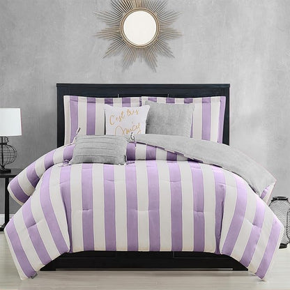 Juicy Couture Cabana Stripe Reversible Bedding Set - Queen/Full Size - Lavender/White Stripe Print – 6 Piece Set – Includes 1 90" x 90" Comforter, 3 Decorative Pillows, 2 Shams