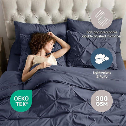 Nestl 7 Piece Comforter Set - Pinch Pleated Bedding, All Season Full Size Bed Set with Sheets, Comforter, Pillowcases and Shams in Navy