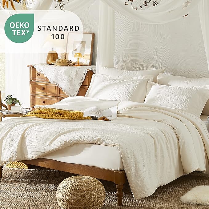 Geniospin King Size Comforter Set, Bed in a Bag Ivory White Bedding Sets 7-Pieces, Botanical Pattern, All Season Bedding with Comforter, Sheets,Pillowcase & Shams(King,102"x90")