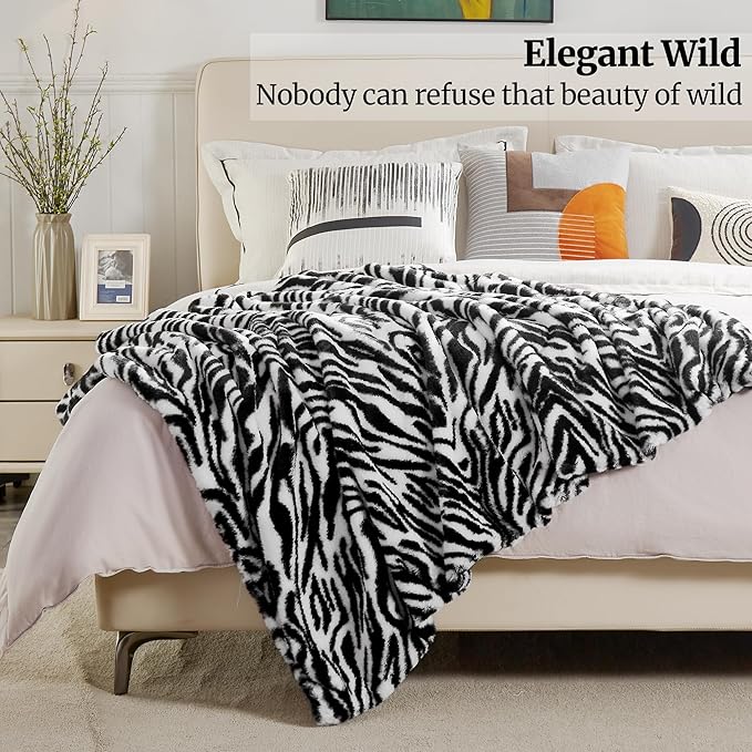 JONIYEAR Decorative Fuzzy Ridge Zebra Print Faux Rabbit Fur Throw Blanket 50" x 60", Double Sided Soft Thick Warm Shaagy Fluffy Blankets, Cute Cozy Plush Animal Lap Blanket for Women, White and Black