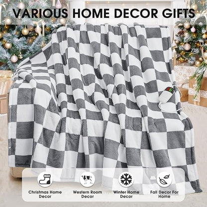 Heated Electric Blanket Twin Size, 62X84 Heating Blanket with 10 Heat Level & 8 Hours Auto Off, Light Gray Checkered Plaid Soft Fleece Sherpa Blankets Warmer Gifts for Couch Grandma Women Adults