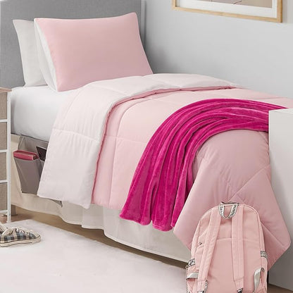 Reversible Box Stitch Comforter Set, 2-Piece Twin/Twin XL – Light Pink/White – Stylish Bedding Set