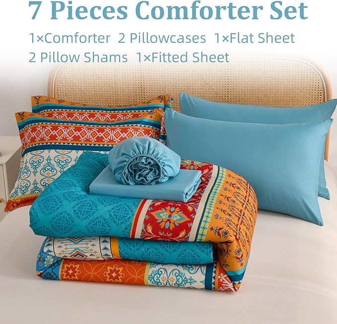 Boho Comforter Set Queen Size,7 Pieces Bohemian Comforter Bedding Set Bed in a Bag,Teal Paisley Floral Comfortet and Sheet Set,Soft Microfiber Striped Bedding Sets for All Season