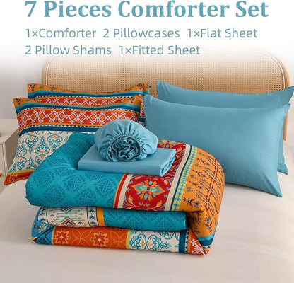 Comforter Set King Size Boho,7 Pieces Bohemian Bedding Comforter Set Striped Bed in a Bag,Teal Paisley Floral Comfortet and Sheet Set,Soft Microfiber Bedding Sets for All Season
