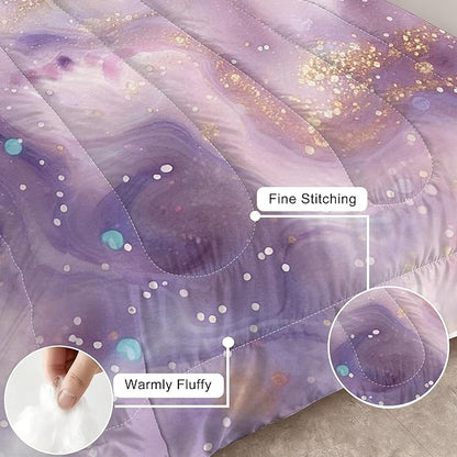 Glitter Marble Comforter Set King Size Sparkly Lavender Marbled Bedding Set Glitter Tie Dye Marbling Bed Set Watercolor Fluid Quilt Set with 1 Comforter + 2 Pillowcases