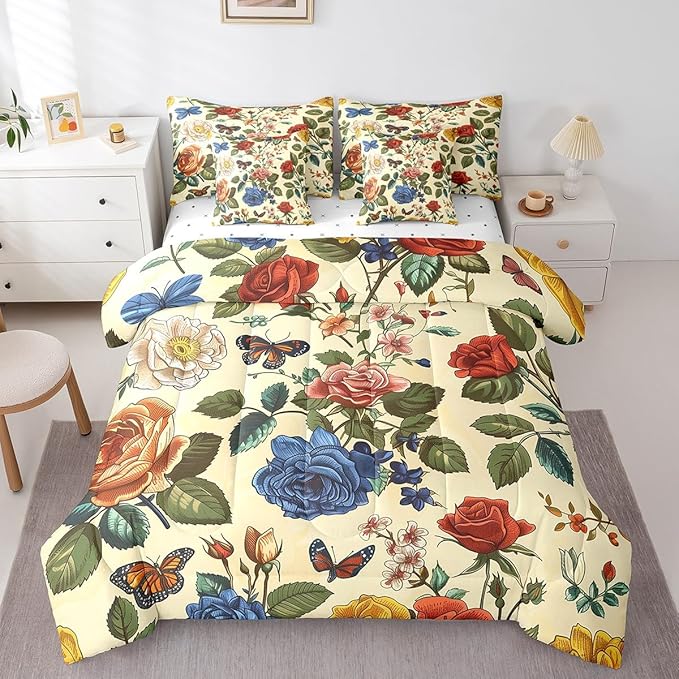 Feelyou Rose Comforter Set King Size 7 Pieces Rose Floral Flower Bedding Set for All Season Romantic Butterfly Vintage Garden Flower Bed in a Bag with Comforter, Sheets, Pillowcases & Cushion Cover
