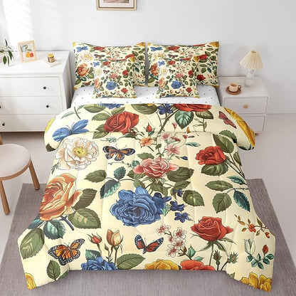 Feelyou Rose Comforter Set Queen Size 7 Pieces Rose Floral Flower Bedding Set for All Season Romantic Butterfly Vintage Garden Flower Bed in a Bag with Comforter, Sheets, Pillowcases & Cushion Cover