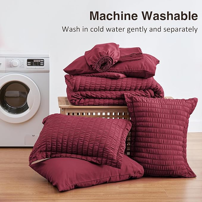 Love's cabin Seersucker Burgundy King Size Comforter Set, 7-Piece All Season Lightweight Bed in a Bag Bedding Set with Comforter, Flat Sheet, Fitted Sheet, Pillowcases and Shams | Soft, Breathable, Lightweight