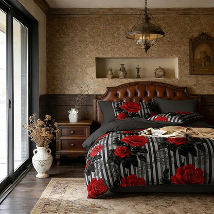 Dark Floral Comforter Set Full Size, Red Rose Soft Microfiber Bedding Set on Black Grey Stripe Background for Girls American Vintage Style Bedroom Decor, 3Pcs & 2 Pillowcases