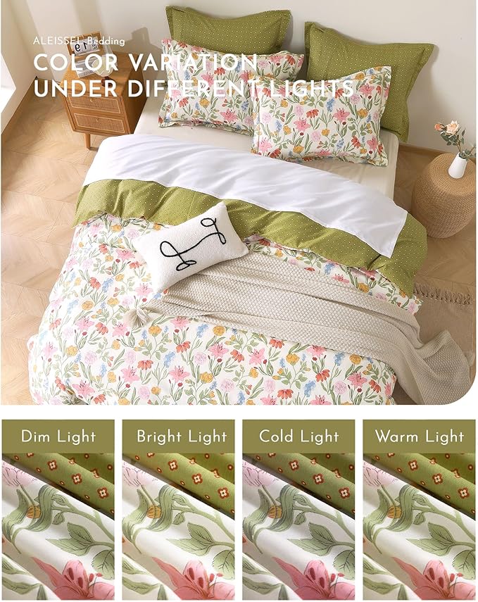Luxurious Cotton 3pcs Floral Comforter Sets King Size - Blush, Yellow & Blue Spring Garden Floral Prints on White, Warm Olive Green Reverse,Vintage Lightweight Bedding Sets(King 104"×90")