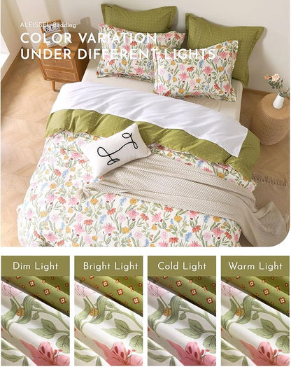 Luxurious Cotton 3pcs Floral Comforter Sets King Size - Blush, Yellow & Blue Spring Garden Floral Prints on White, Warm Olive Green Reverse,Vintage Lightweight Bedding Sets(King 104"×90")