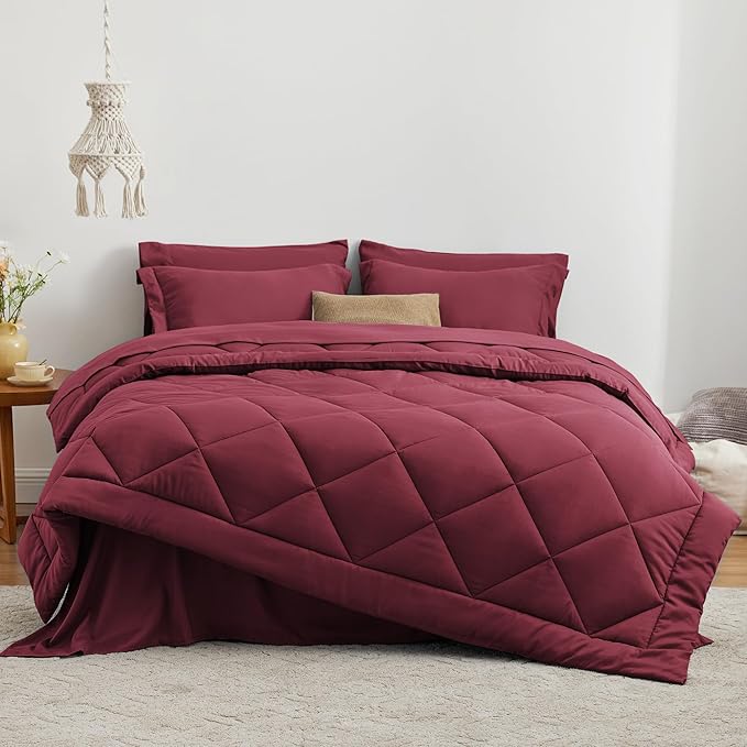 Love's cabin Twin XL Comforter Set Burgundy, 5 Pieces Twin XL Bed in a Bag, All Season Bedding Sets with 1 Comforter, 1 Flat Sheet, 1 Fitted Sheet, 1 Pillowcase and 1 Pillow Sham