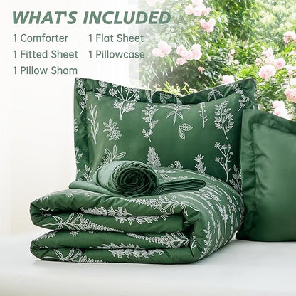 MUXHOMO Dark Green Twin Comforter Set, Elegant Floral Print Bed in a Bag 5 Pieces, Ultra Soft & Breathable Reversible Botanical Pattern Bedding Set with Comforter, Sheets, Pillowcase, and Sham