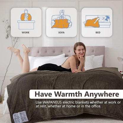 Wapaneus Heated Blanket Electric Full Size 72"x84" with 10 Heating Levels 12 Timer Settings and 8 Hours Auto-Shut Off,Flannel Fast-Heating Electric Blanket,ETL Listed Machine Washable,Dark Brown
