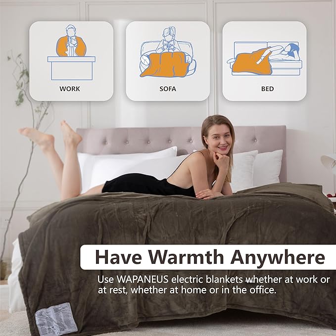 Wapaneus Heated Blanket Electric Queen Size 84"x90"-Dual Control with 10 Heat Levels 12 Timer Settings and 8 Hours Auto-Shut Off,Fast-Heating Electric Blanket,ETL Listed Machine Washable,Dark Brown