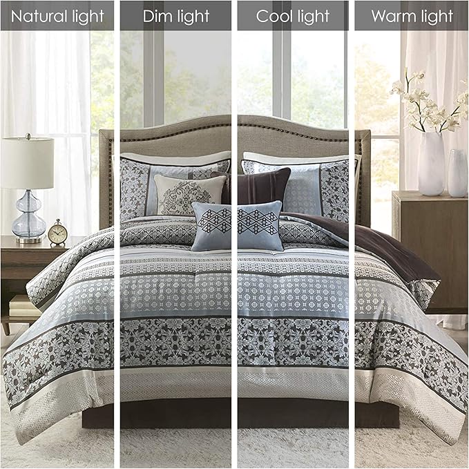 Madison Park Princeton Cozy Comforter Set - Luxurious Jaquard Traditional Damask Design, All Season Down Alternative Bedding with Matching Shams, Decorative Pillow, Cal King(104"x92"), Blue 7 Piece