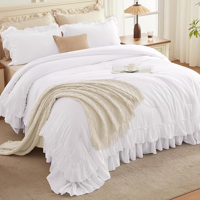 Andency White Ruffle Comforter Full Set, 3pcs Vintage Farmhouse Shabby Chic Bedding Comforter Set, Soft Lightweight Fluffy Bed Comforter Sets All Season Bedding Set