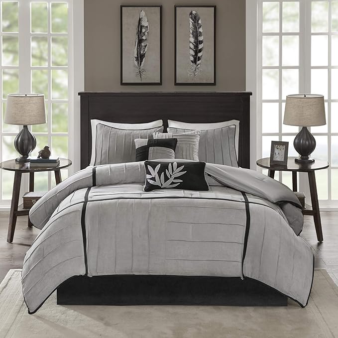 Madison Park Cozy Comforter Set Casual Blocks Design All Season, Matching Bed Skirt, Decorative Pillows, Queen(90"x90"), Dune Suede, Black Grey, 7 Piece