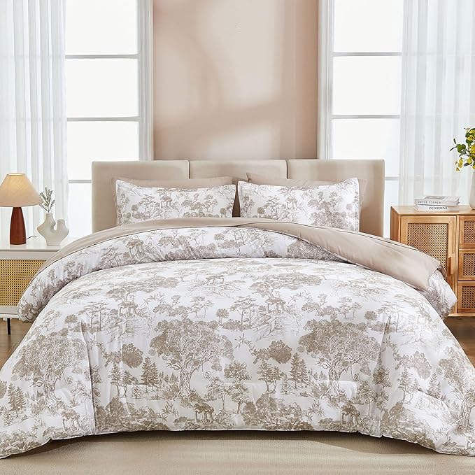 DJY Khaki Comforter Set California King Size,7 Pieces Bed in a Bag Botanical Comforters with Sheets Elegant Plants Print Soft Microfiber Reversible Complete Bedding Sets for All Season