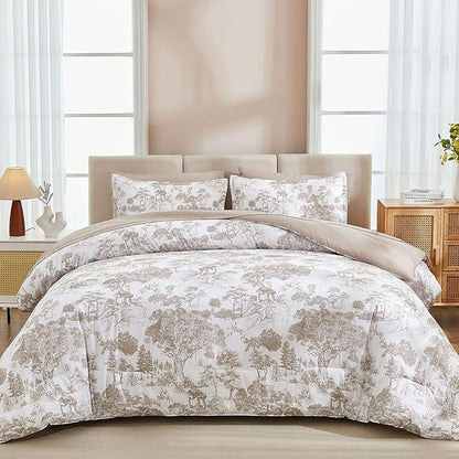 DJY Khaki Comforter Set Full Size,7 Pieces Bed in a Bag Botanical Comforters with Sheets Elegant Plants Print Soft Microfiber Reversible Complete Bedding Sets for All Season