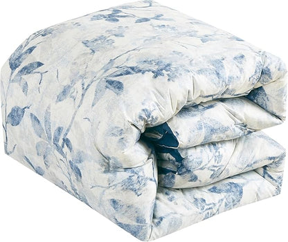Chezmoi Collection Monica 3-Piece Boho Floral Comforter Set, Queen - Blue Gray White Tropical Flower Textured Printed Microfiber Lightweight Bedding Set