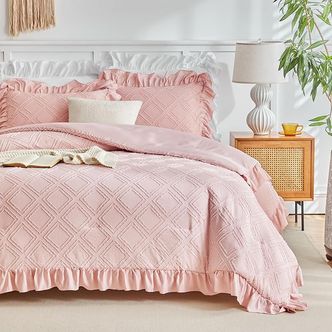Flysheep Tufted Grids Ruffle Comforter Set Twin Size, 3 Pieces Blush Pink Vintage Farmhouse Shabby Chic Comforters, Jacquard Boho Bohemian Bedding Set for Girls (1 Ruffled Comforter+ 2 Pillow Shams)