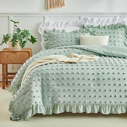 Flysheep Tufted Dots Ruffle Comforter Set Twin Size, 3 Pieces Green Vintage Farmhouse Shabby Chic Comforters, Jacquard Boho Bohemian Bedding Set for Kids (1 Ruffled Comforter+ 2 Pillow Shams)