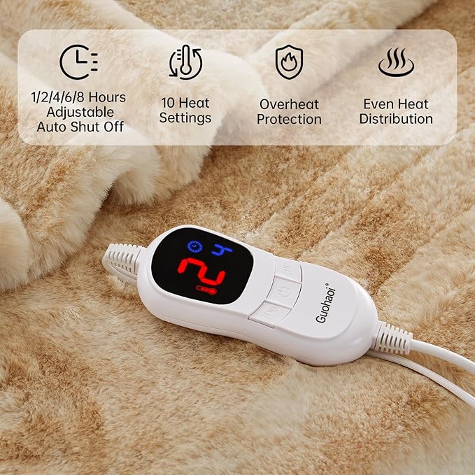 Guohaoi Heated Blanket Electric Throw, Soft Faux Rabbit Fur Electric Blanket with 10 Heating Levels 5 Sitting Timer Auto Off, Dual-Controller Heating Blankets, Machine Washable(90"×100" Beige)